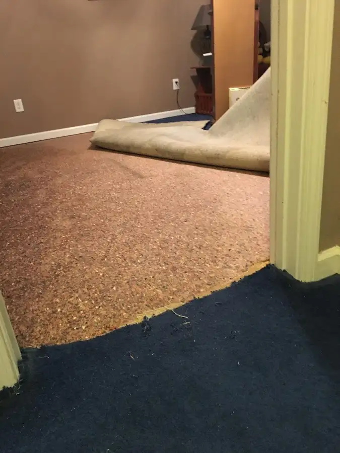 Carpet pad removal revealing water damage during Water Mitigation Services in Patchogue